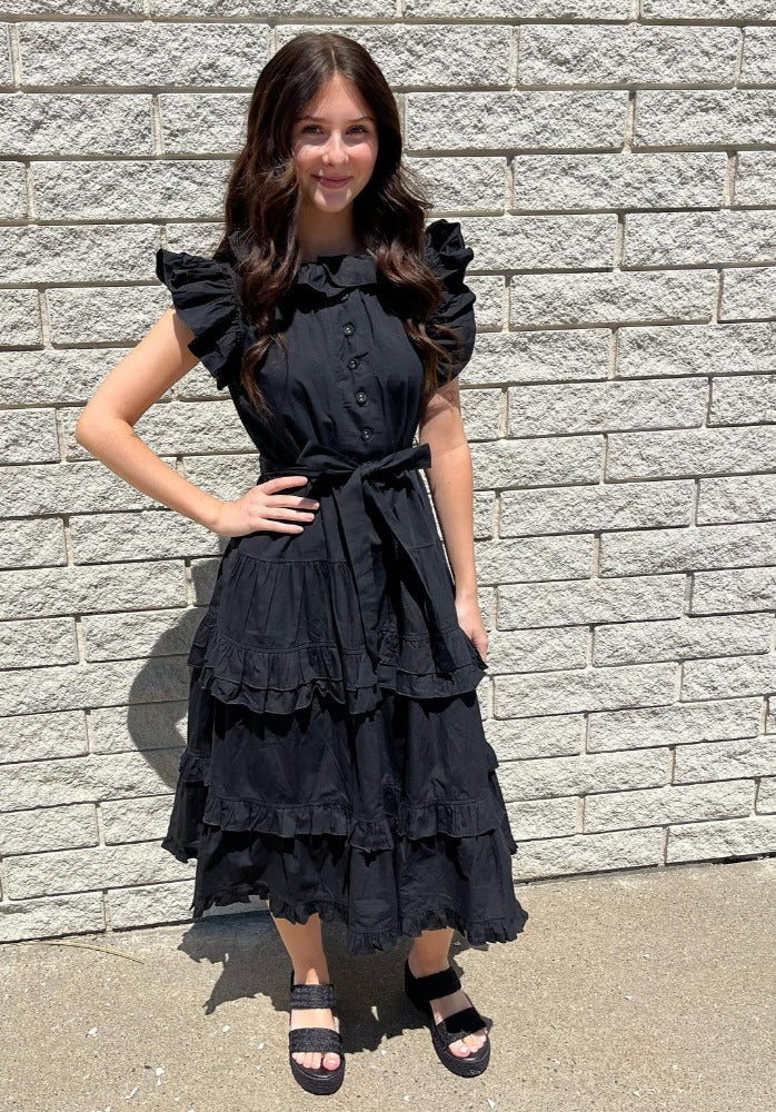 Midi Tiered Ruffle Black Dress