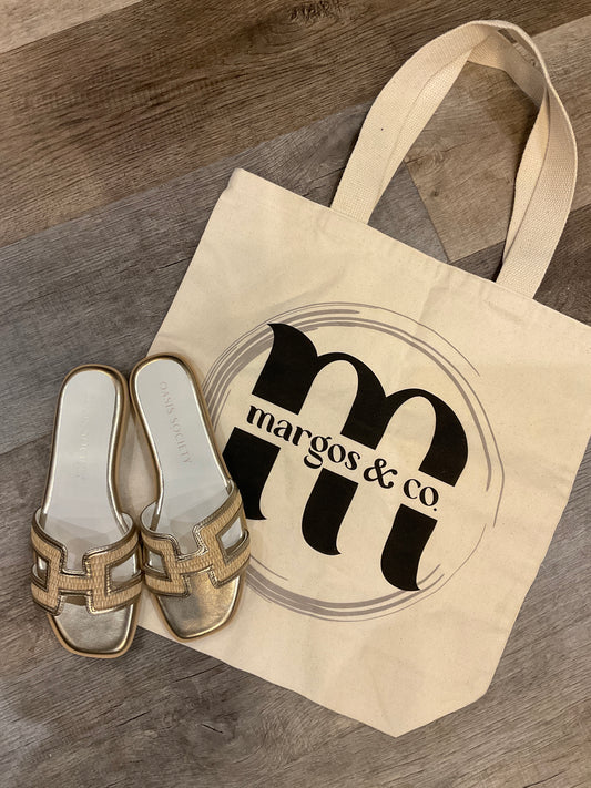 The Ena | Gold H Cutout Raffia Slide