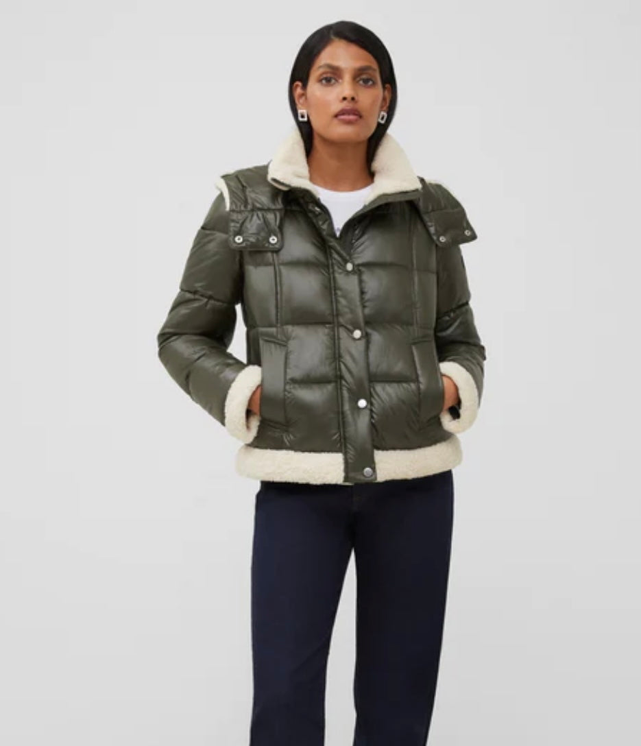 French Connection Vegan Leather Shearling Puffer Coat
