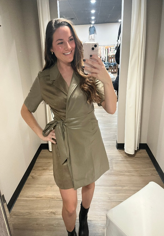 Pleather Collared Wrap Dress