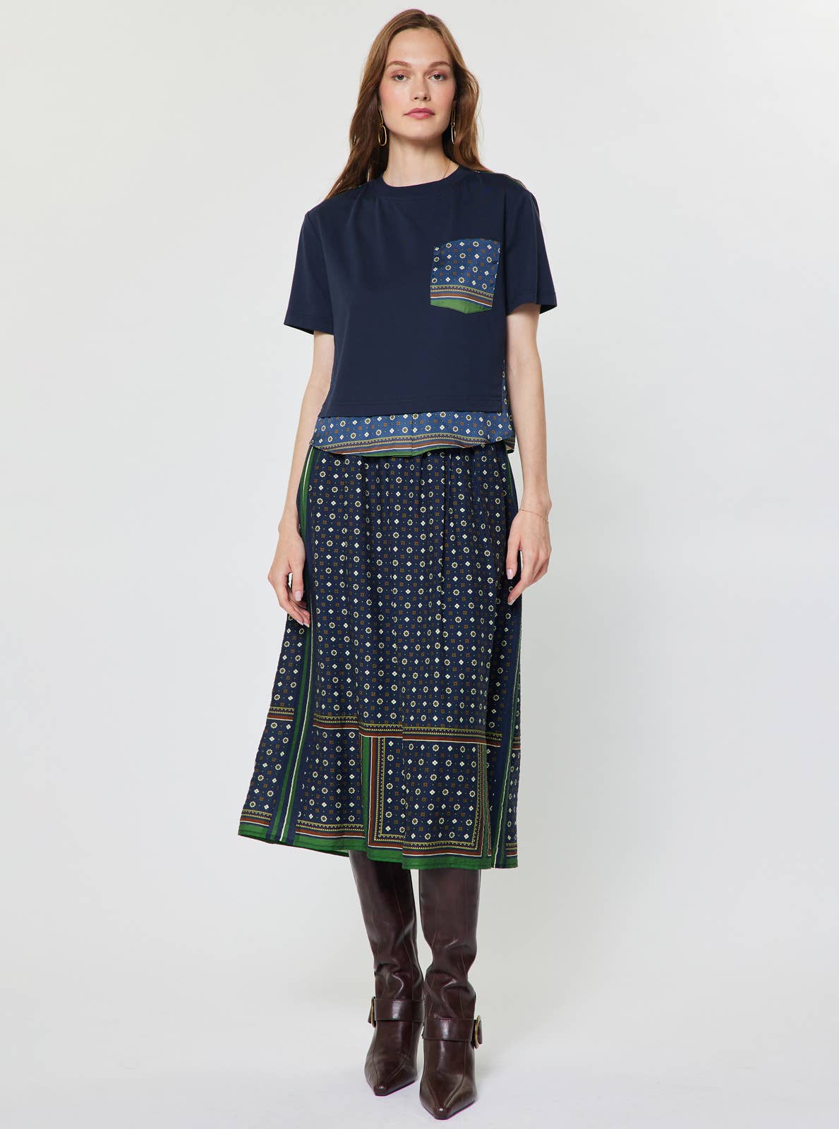 Cropped Mixed Media Scarf Print Back T-shirt