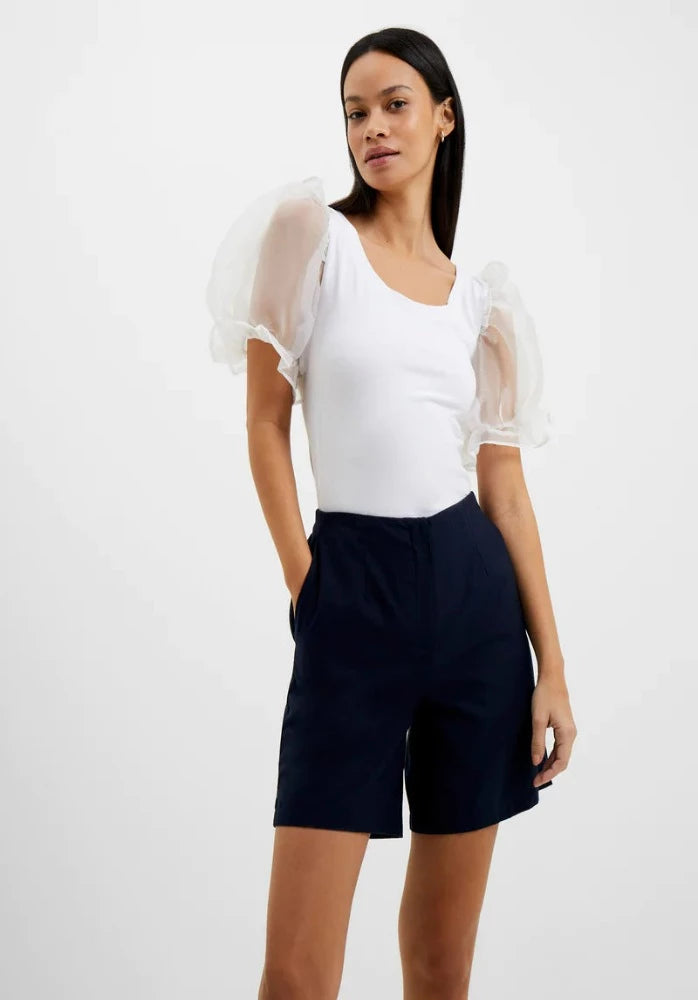 Rosana Cotton Mix Organza White Puff Sleeve Top
