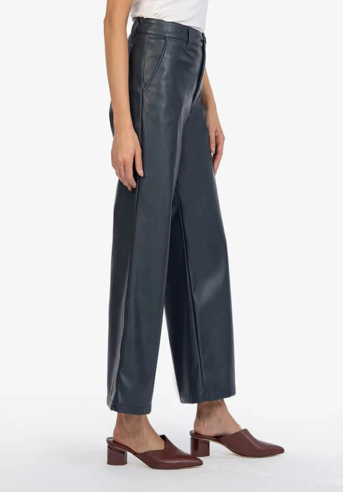 KUT Navy Aubrielle High Rise Wide Leg Coated Trouser