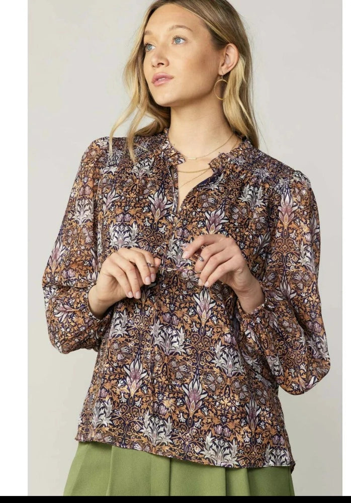 Current Air Split Neck Tile Print Blouse