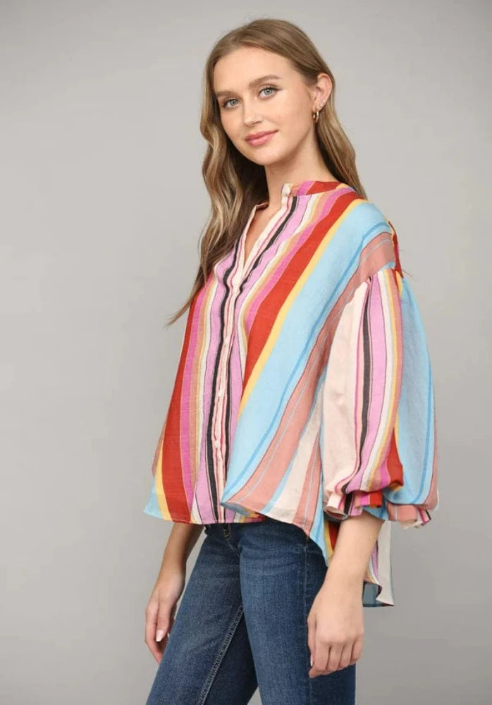 Multicolor Stripe Bubble Sleeve Blouse