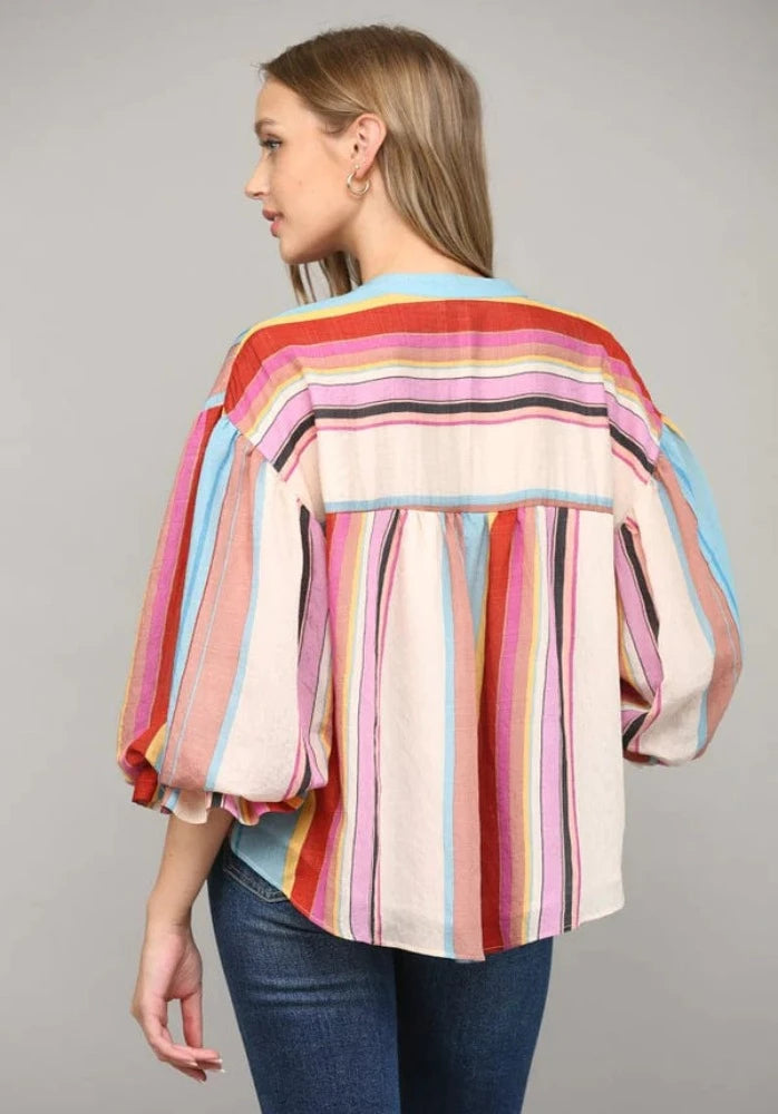 Multicolor Stripe Bubble Sleeve Blouse