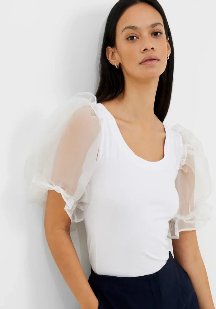 Rosana Cotton Mix Organza White Puff Sleeve Top