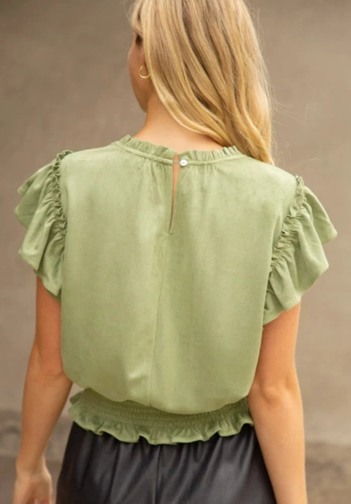 Voy Suede Ruffle Sleeve Smoked Top
