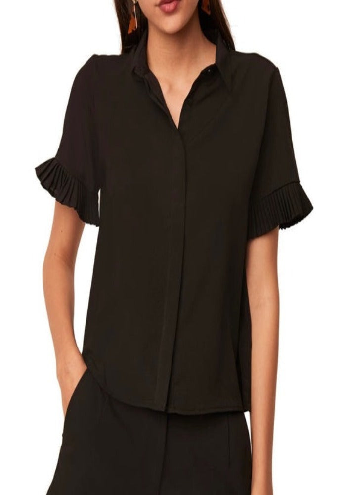 French Connection Black Short Pleated Sleeve Top