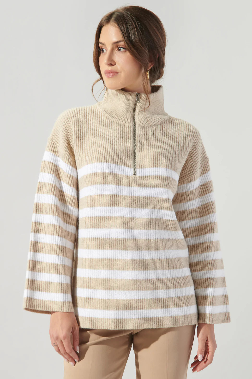 Oatmeal/White Coastal Striped Half Zip Sweater
