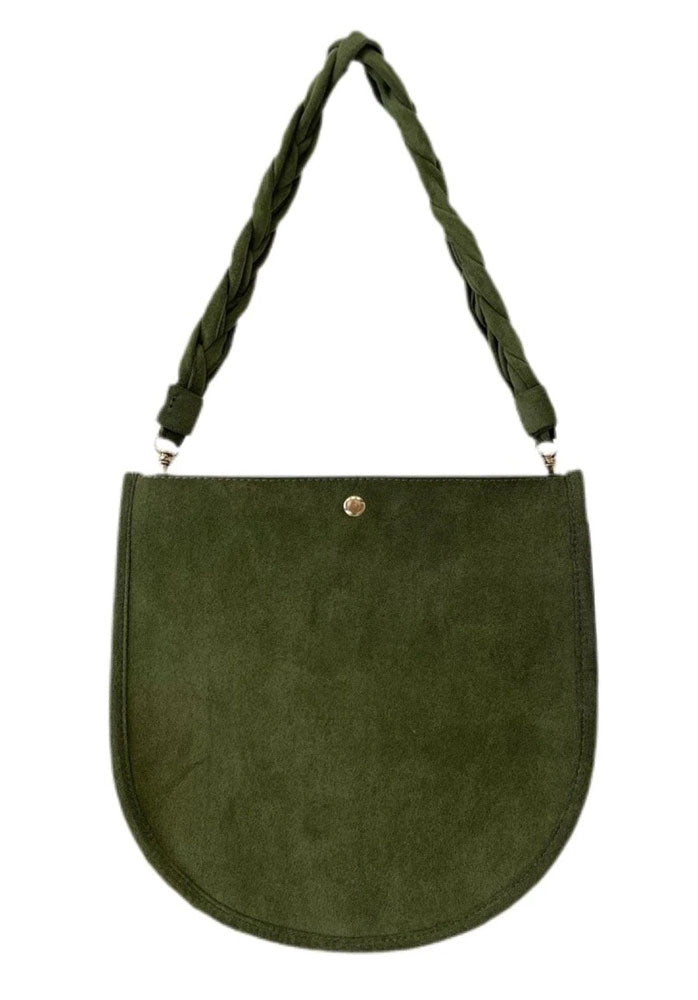 army green medium faux suede U messenger bag with braided strap shop margos and co