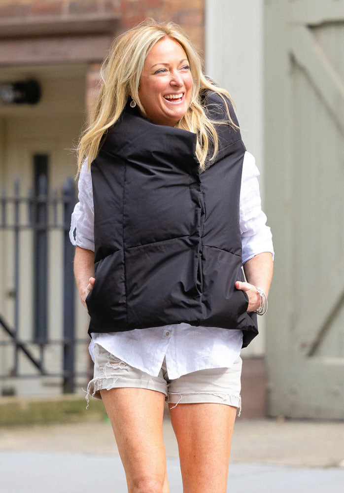 pretty puffer vest black front shop margos and co