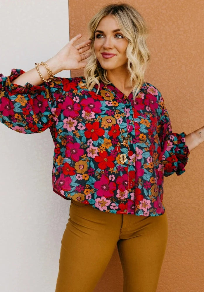 Fate Floral Puff Sleeve Button Down Top