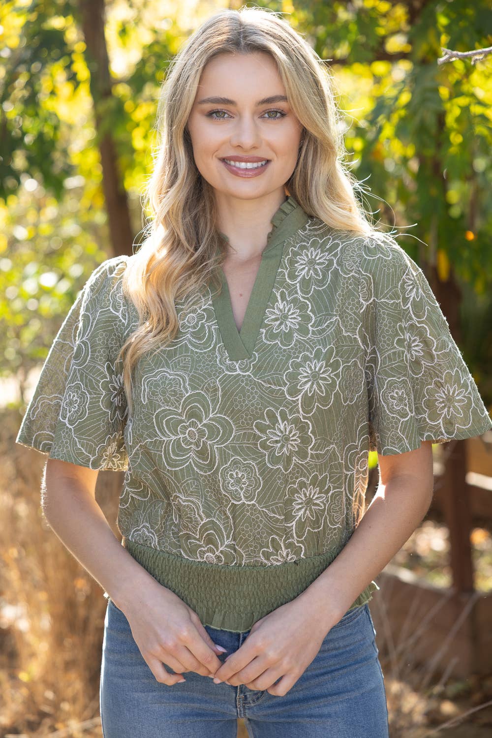 Smocked Green Floral
