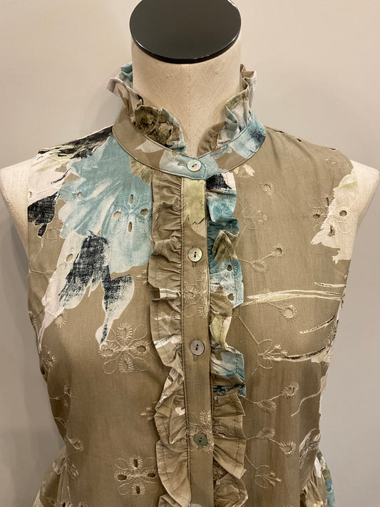 Olive Floral Ruffle Top