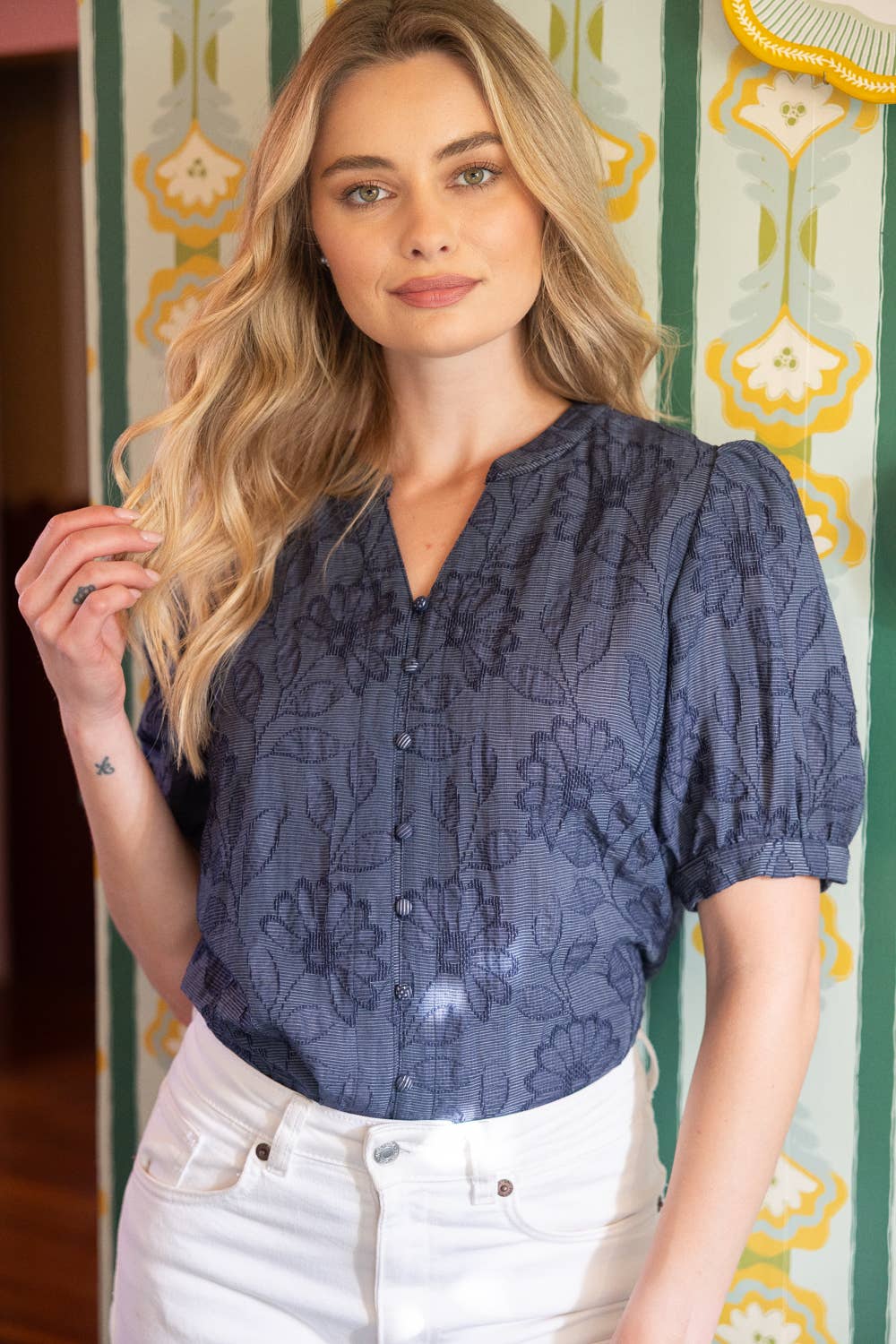 Cover Button Down Floral Textured Top