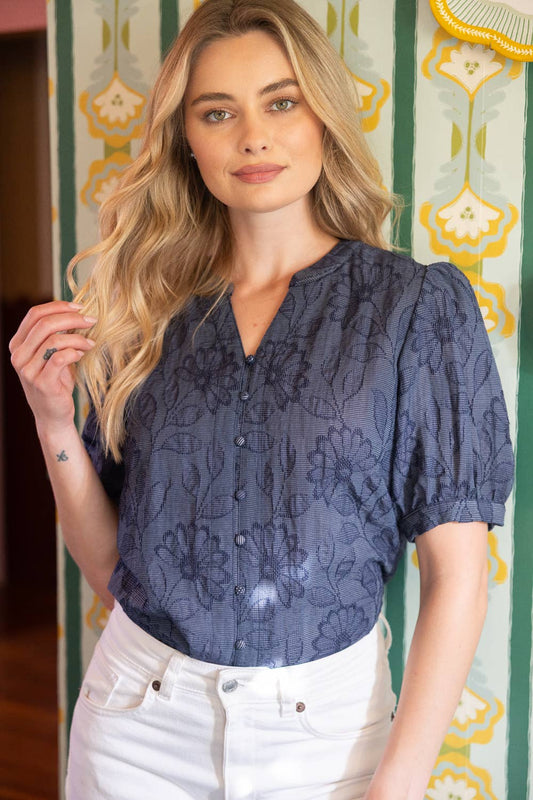 Cover Button Down Floral Textured Top