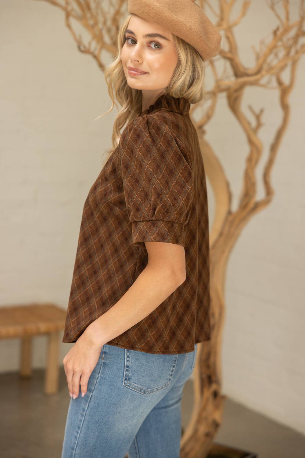 V-Neck Argyle Plaid Flannel Top