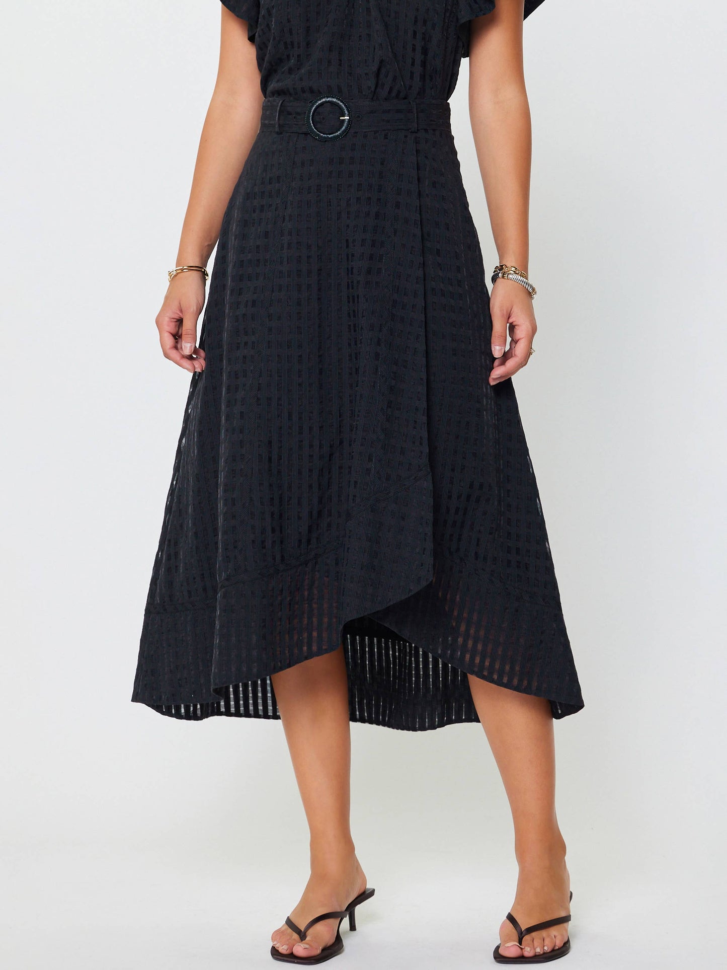 Gingham Asymmetric Belted Midi Skirt