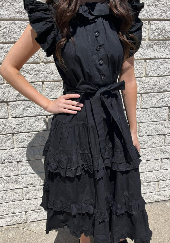 Midi Tiered Ruffle Black Dress