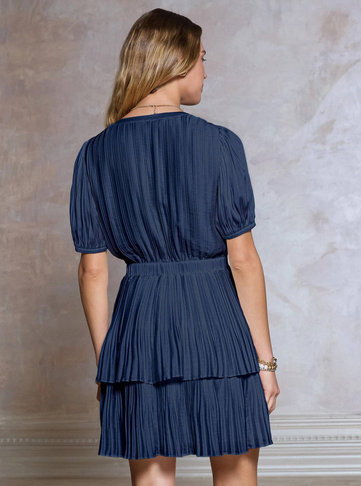 Pleated Tiered Short Sleeve Mini Dress