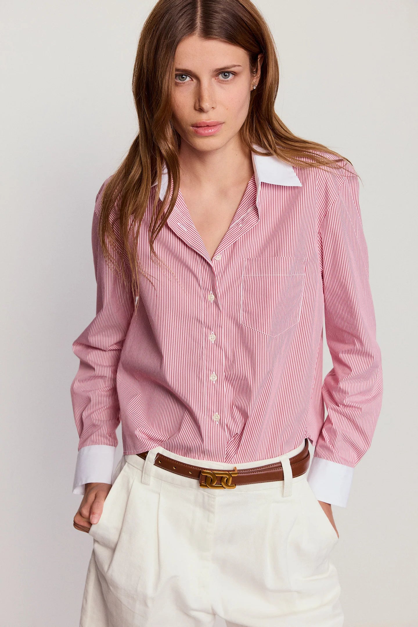 The LS Boxy Crop in Thin Red/White Collar