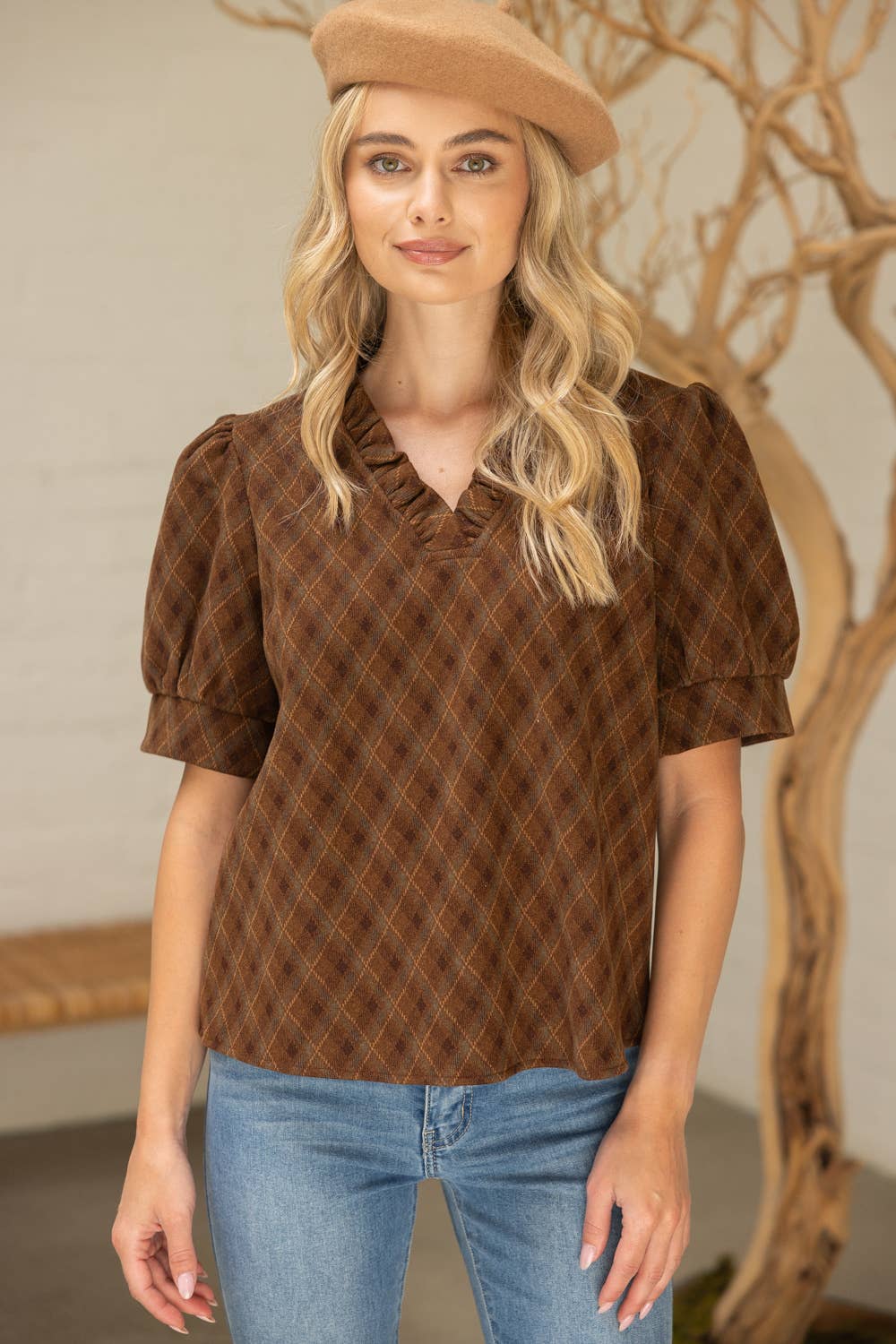 V-Neck Argyle Plaid Flannel Top