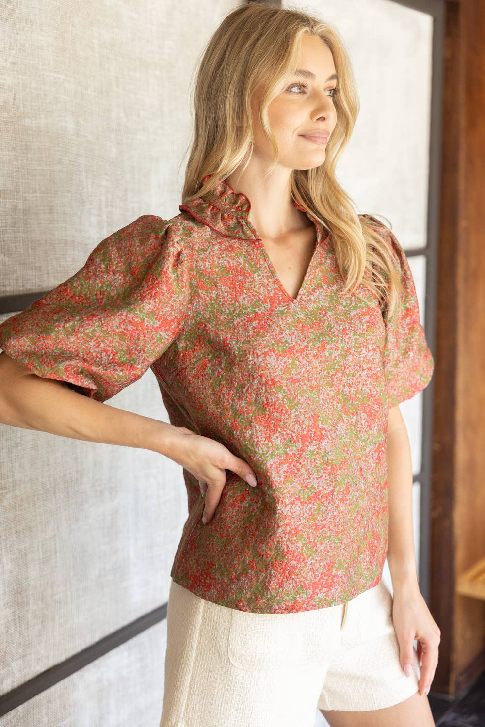 Ruffle Collared Jacquard Abstract Print