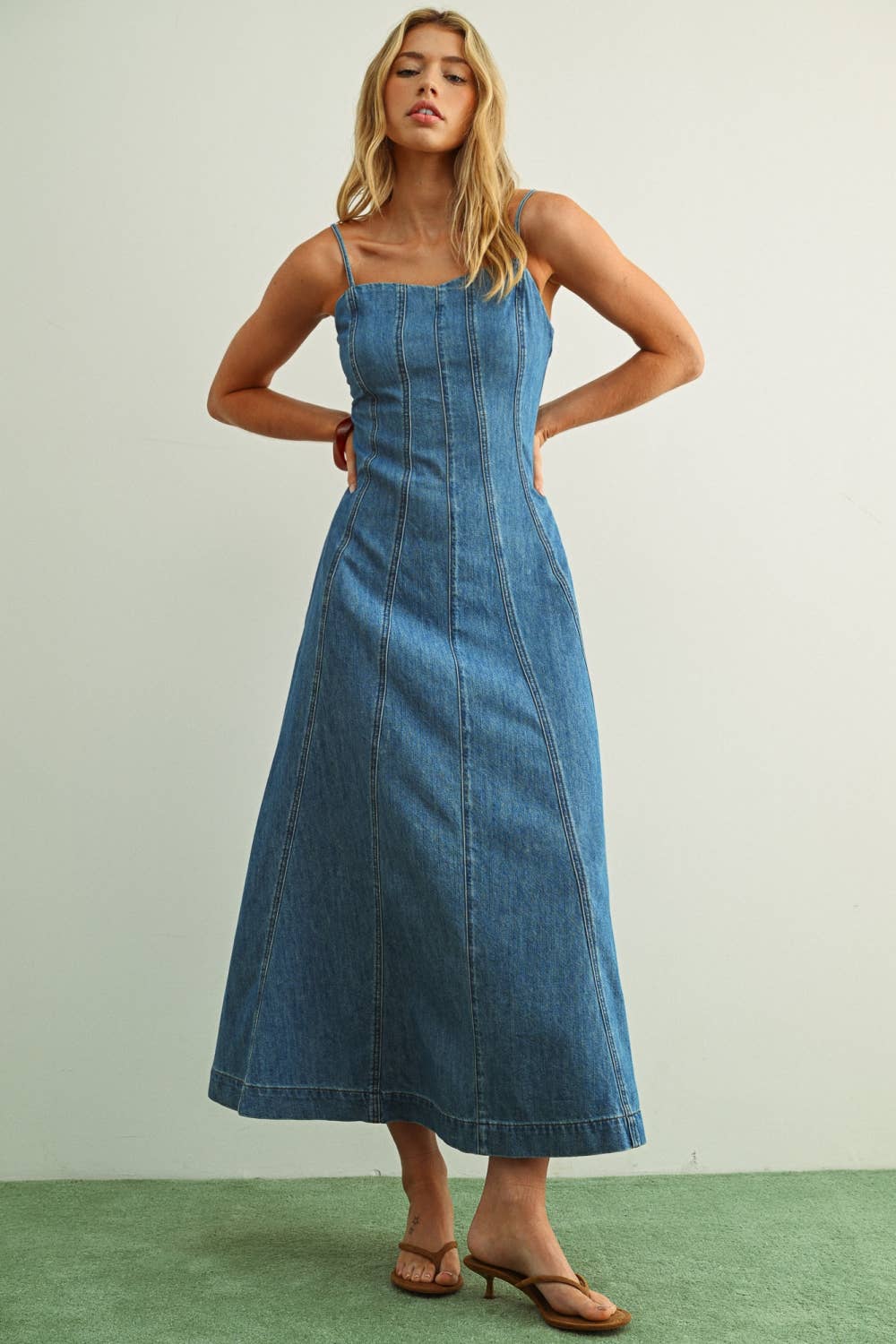 PANELED MAXI WASHED DENIM DRESS