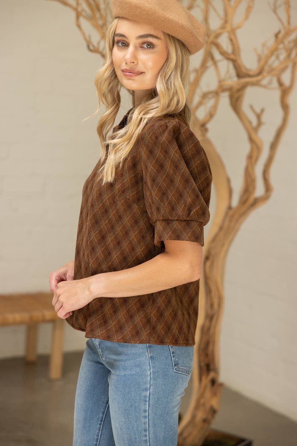 V-Neck Argyle Plaid Flannel Top
