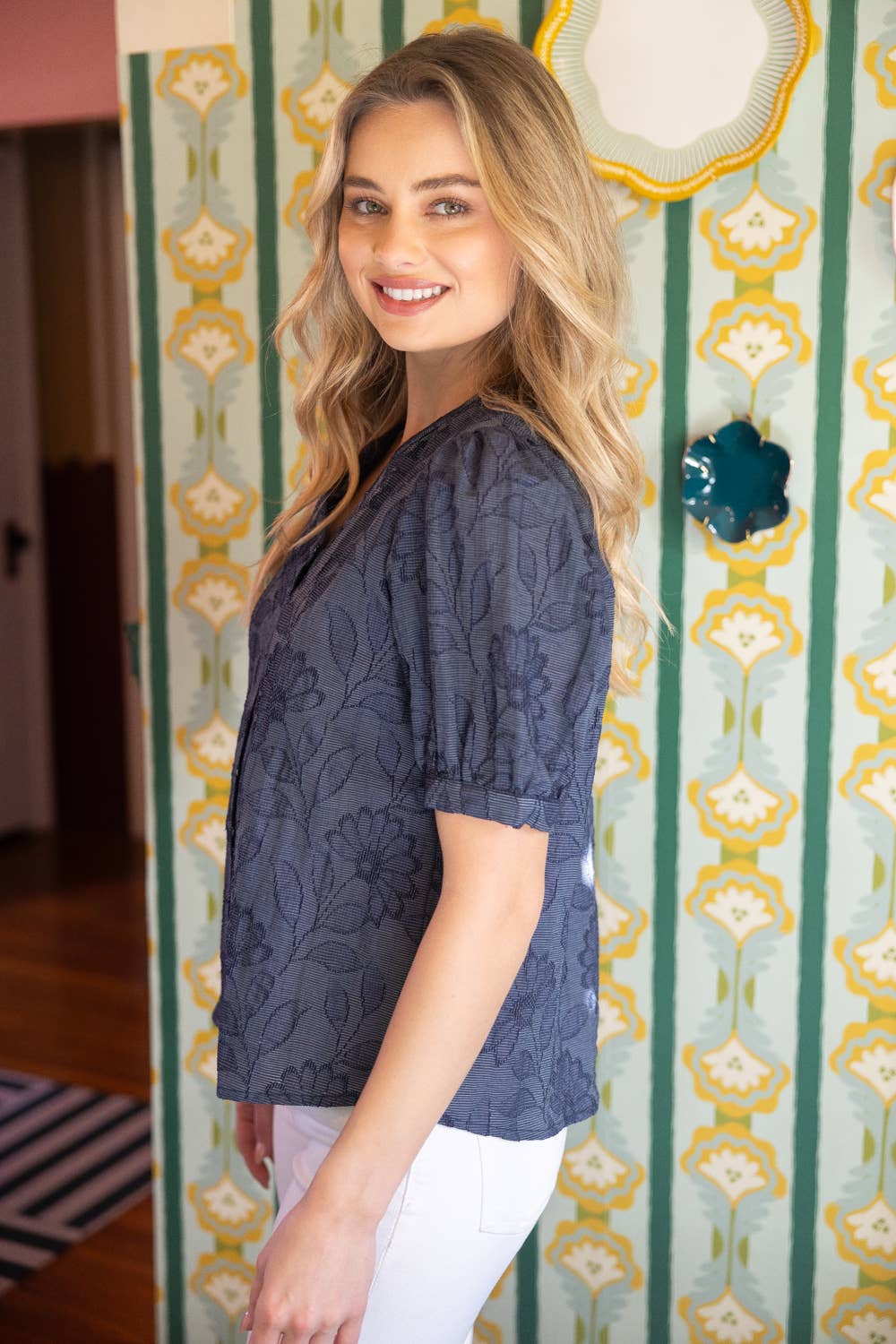 Cover Button Down Floral Textured Top
