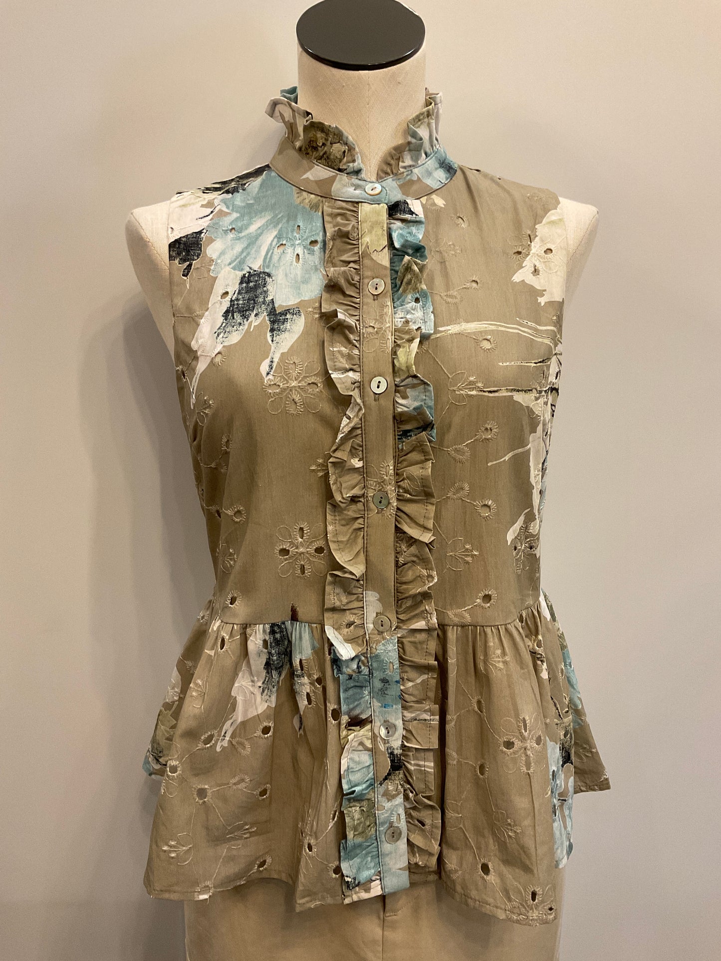 Olive Floral Ruffle Top