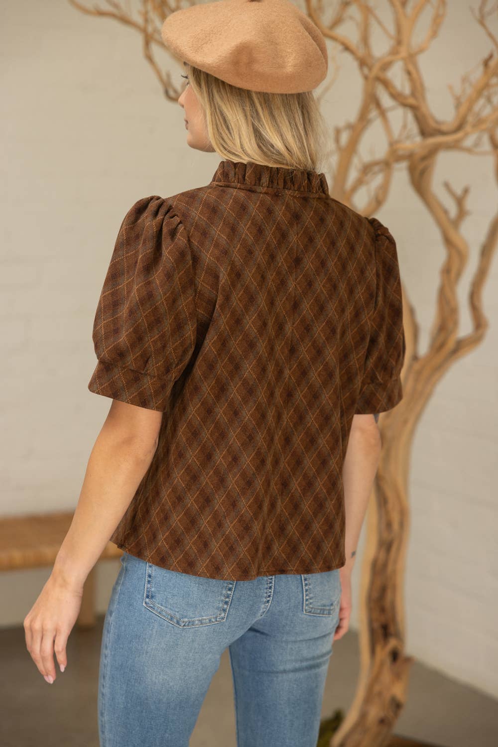 V-Neck Argyle Plaid Flannel Top