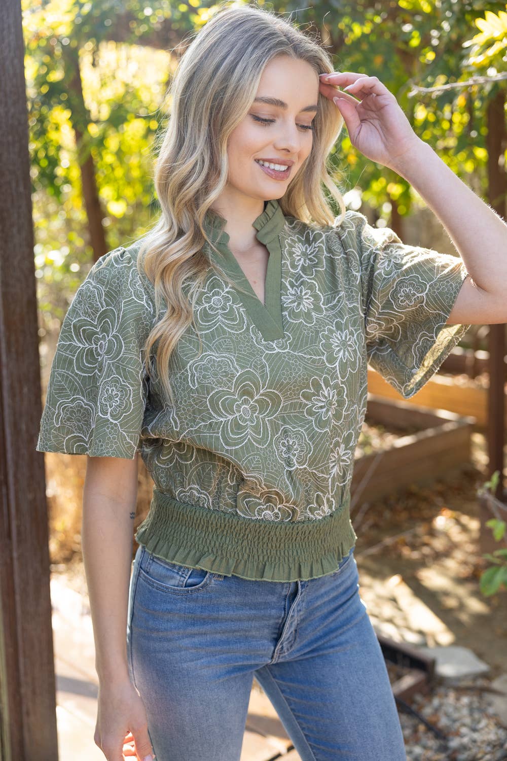 Smocked Green Floral