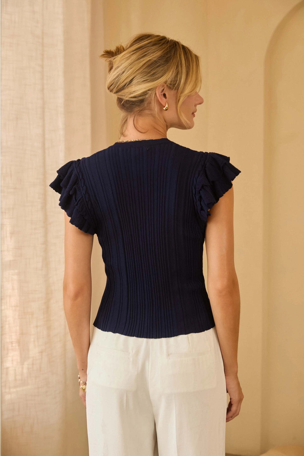 Navy Ruffle Sleeve