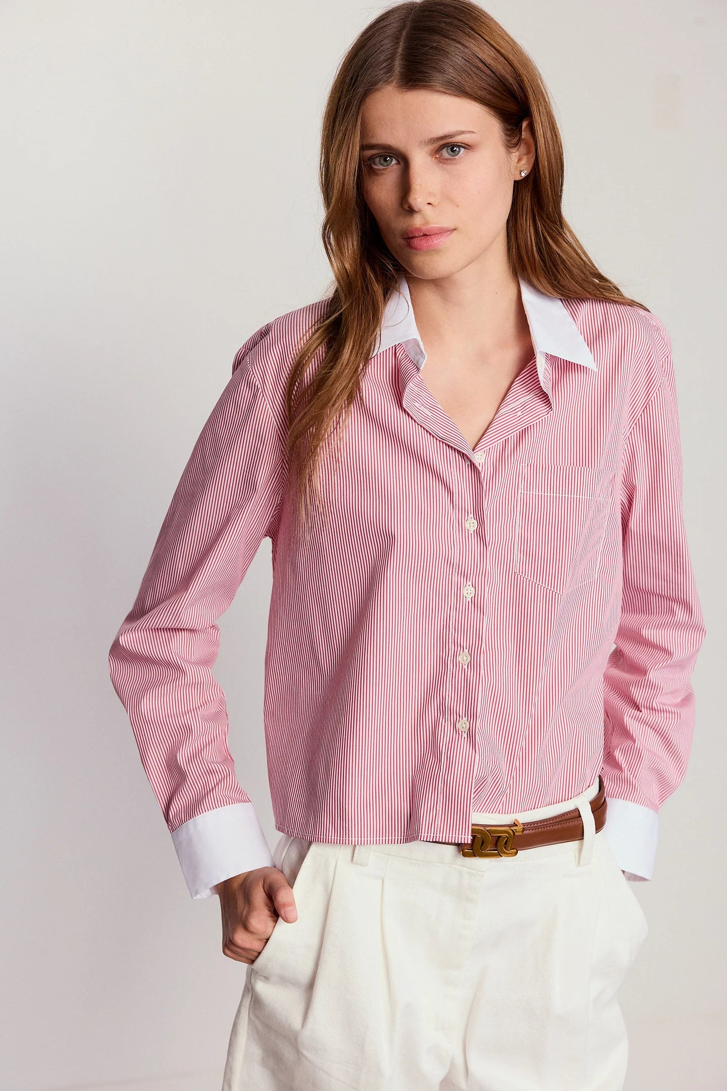 The LS Boxy Crop in Thin Red/White Collar