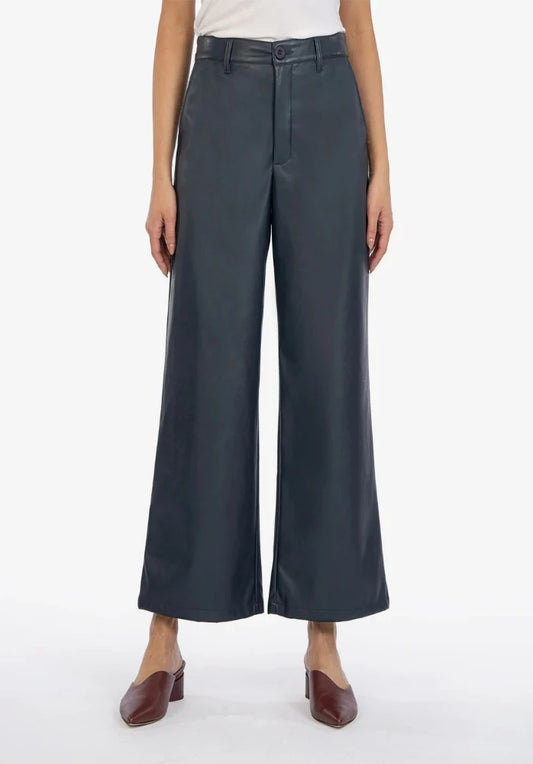 KUT Navy Aubrielle High Rise Wide Leg Coated Trouser