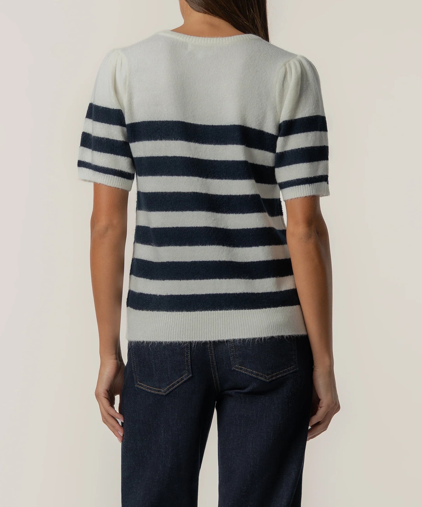Kut From the Kloth Monika Short SLV Stripe Sweater(Cream/Navy)