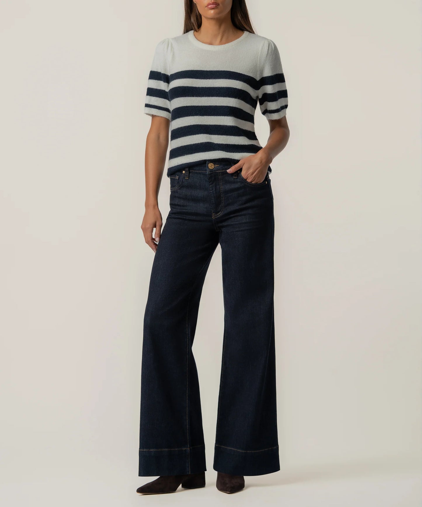 Kut From the Kloth Monika Short SLV Stripe Sweater(Cream/Navy)