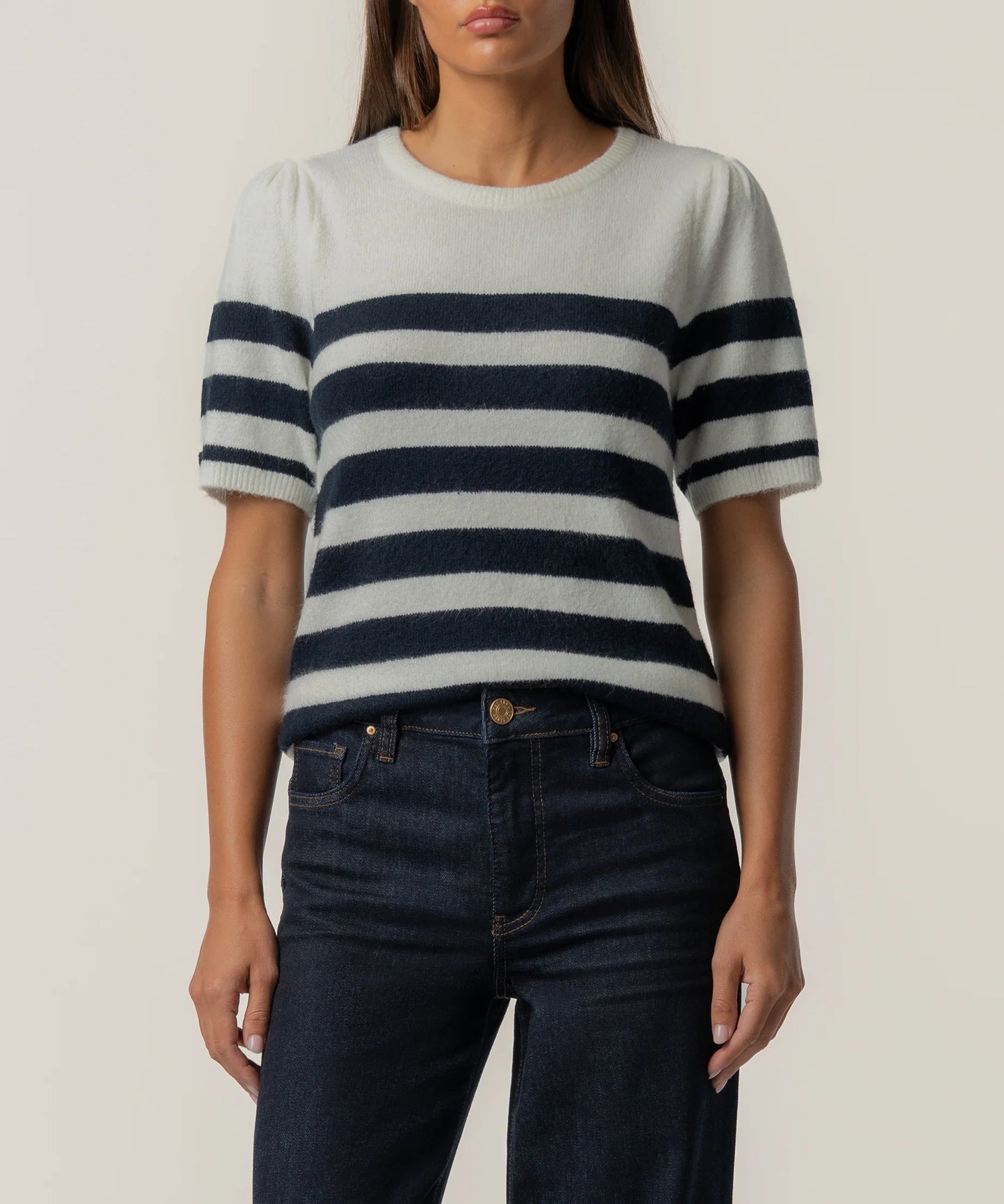 Kut From the Kloth Monika Short SLV Stripe Sweater(Cream/Navy)