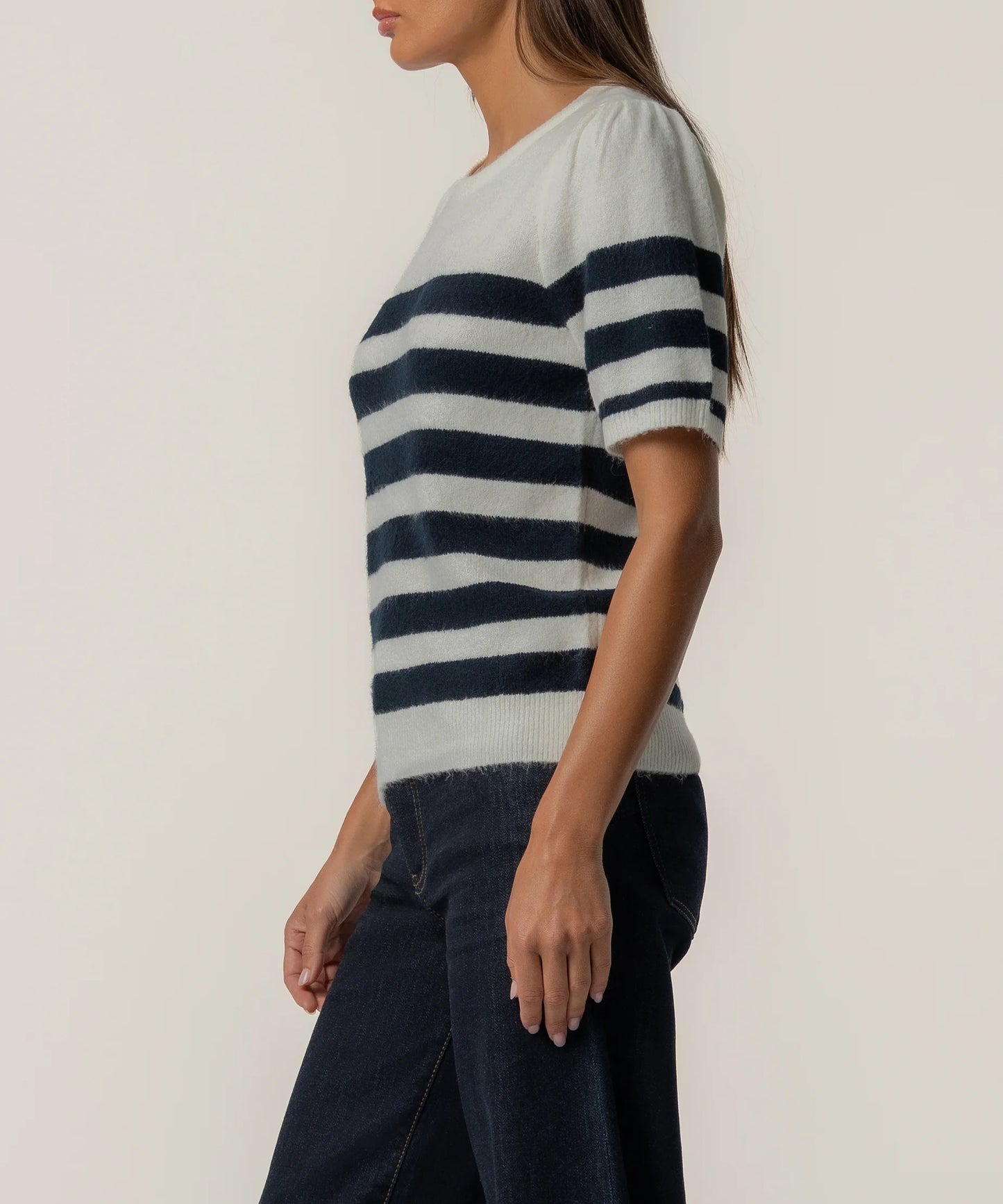 Kut From the Kloth Monika Short SLV Stripe Sweater(Cream/Navy)