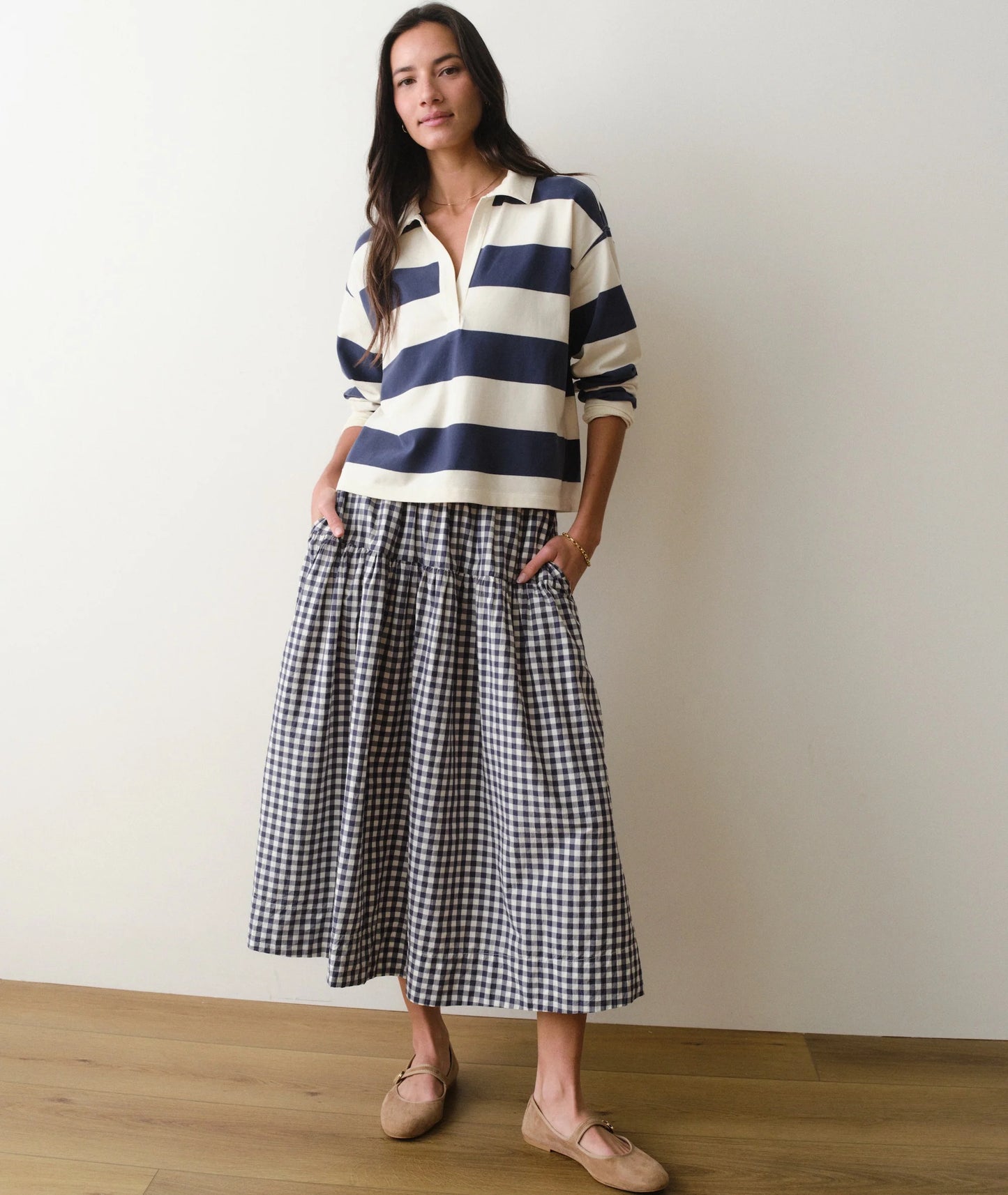 Marine Layer Gia Poplin Skirt Navy Gingham
