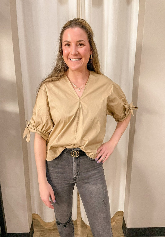 Tan Bow Sleeve Top