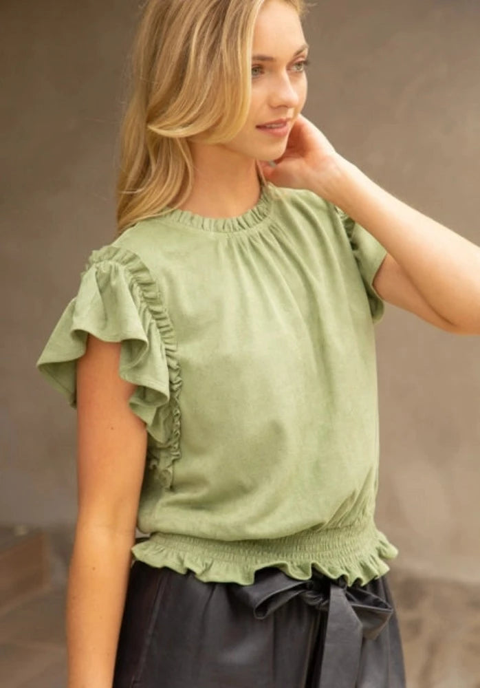 Voy Suede Ruffle Sleeve Smoked Top