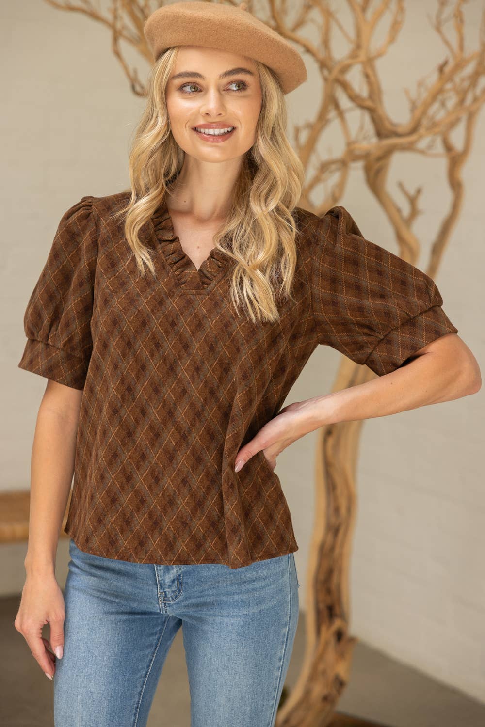 V-Neck Argyle Plaid Flannel Top