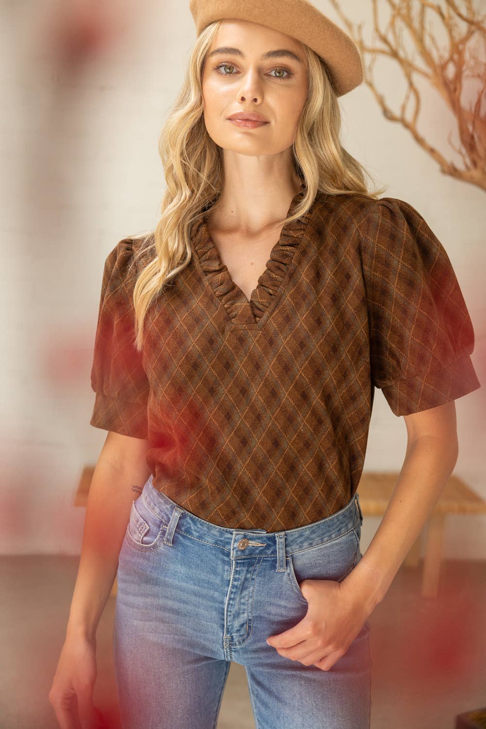 V-Neck Argyle Plaid Flannel Top