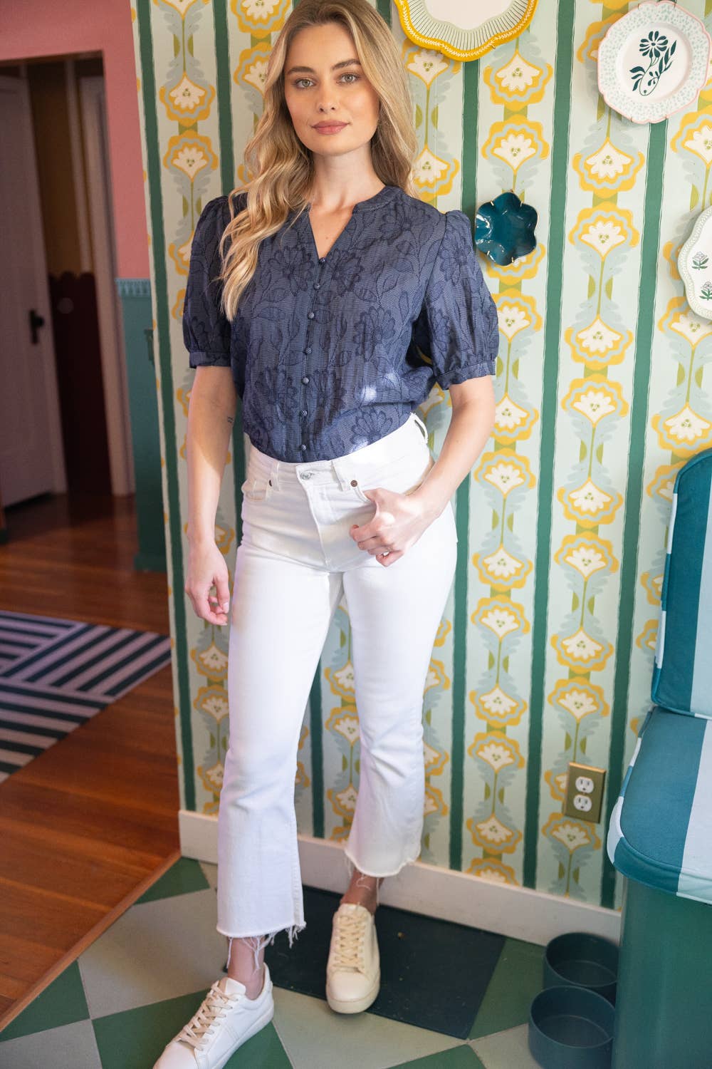 Cover Button Down Floral Textured Top