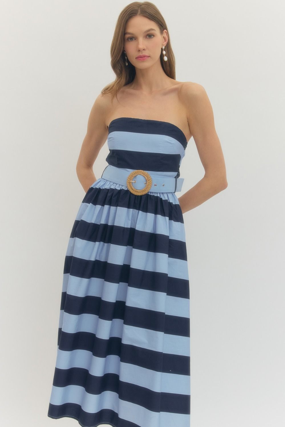 Striped Strapless Midi