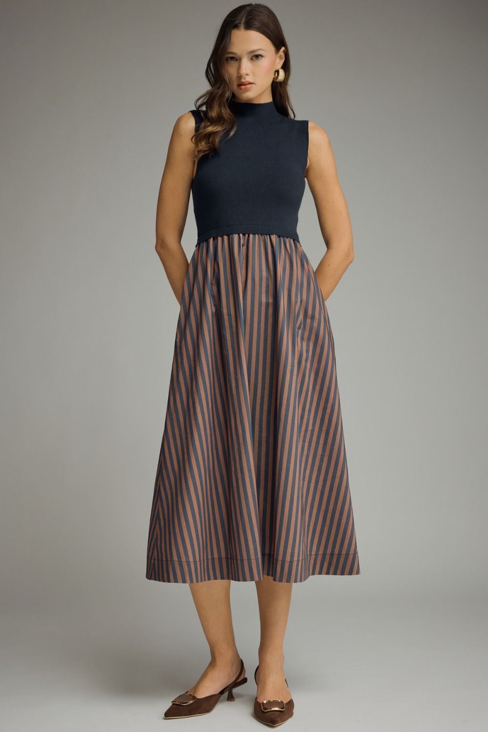 Ella Navy and Brown Striped Dress