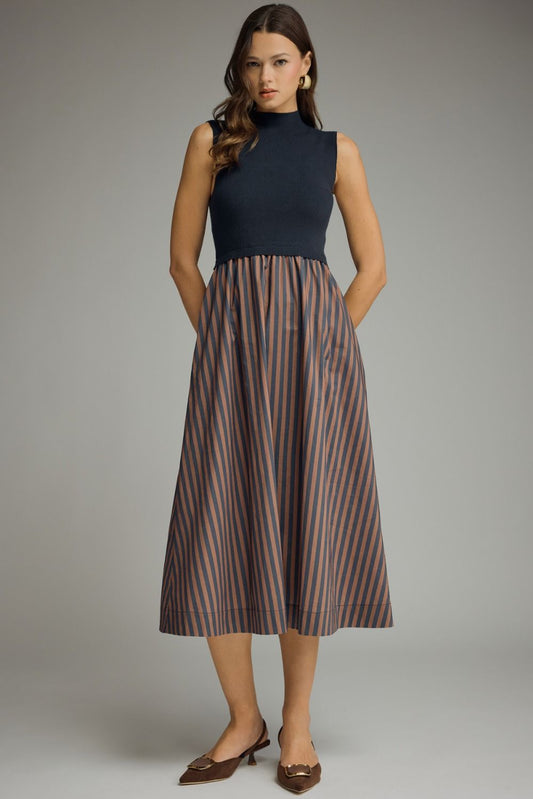 Ella Navy and Brown Striped Dress